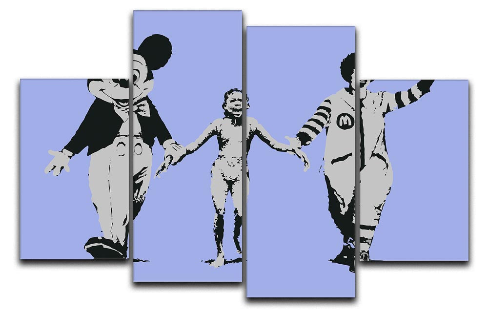 Banksy Mickey and Ronald Blue 4 Split Panel Canvas artwork featuring iconic characters on a vibrant blue background, divided into four panels.